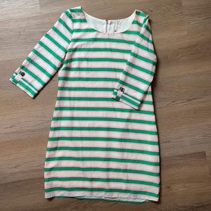 3/4 sleeve green and pink striped dress